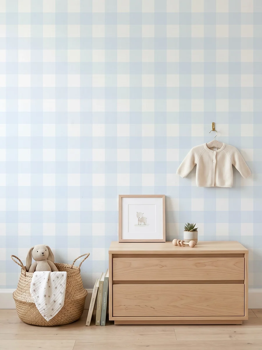 Anna, papel pintado vichy azul celeste y blanco, a escala mediana en habitación infantil con cómoda, elementos decorativos y mobiliario de estilo natural.