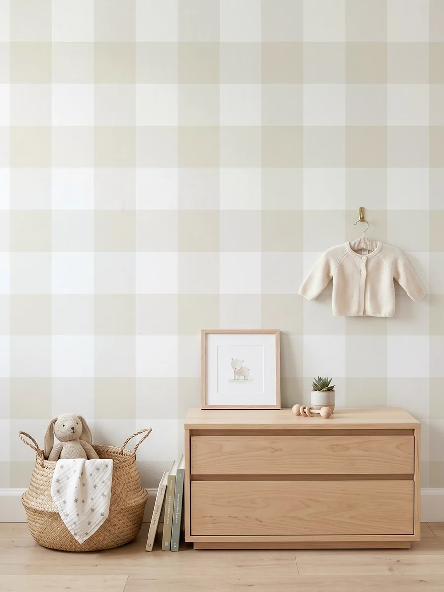 Anna, papel pintado vichy beige claro y blanco, a escala grande en habitación infantil con cómoda, elementos decorativos y mobiliario de estilo natural.