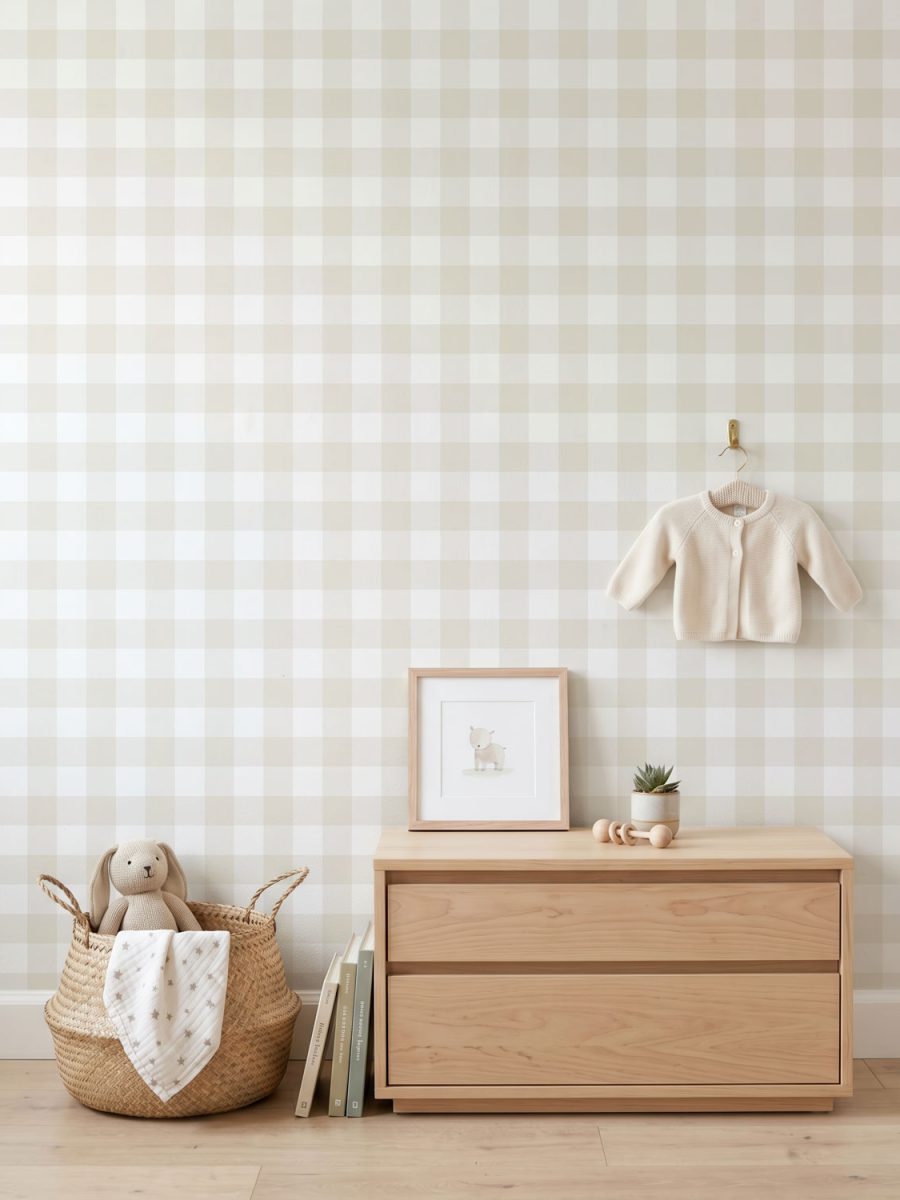 Habitación infantil con modelo Anna, papel pintado de cuadros, beige piedra, escala mediana | Villette