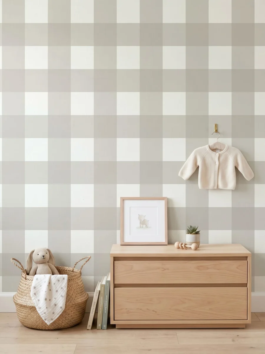 Habitación infantil con modelo Anna, papel pintado de cuadros, gris topo y blanco roto, escala grande