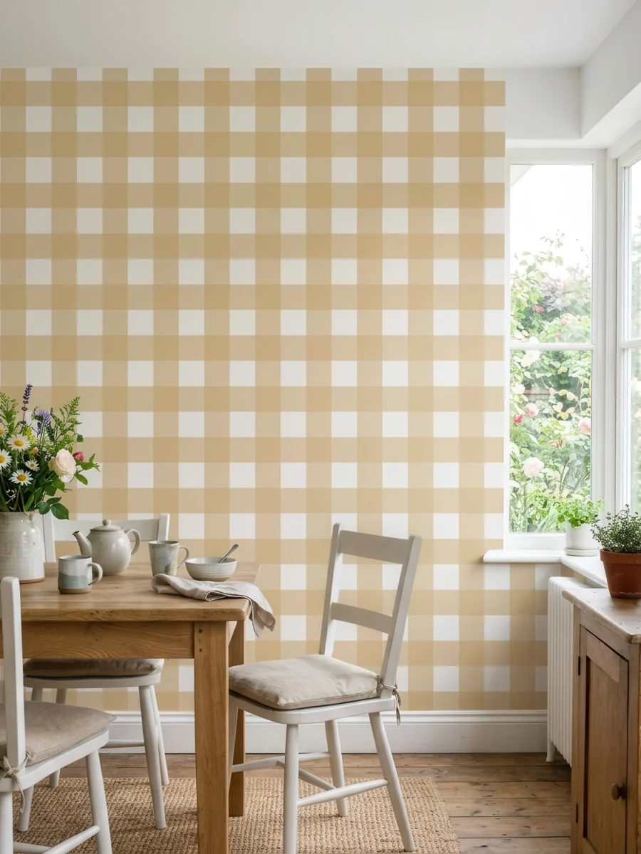 Cocina rústica con papel vichy o gingham de cuadros, mostaza y blanco | Villette