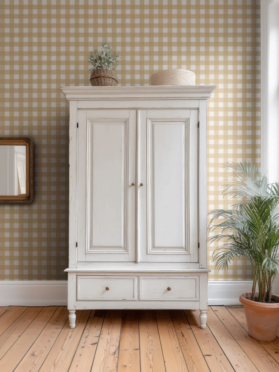Habitación con Modelo Anna, papel pintado de cuadros, mostaza suave y blanco roto, escala mediana
