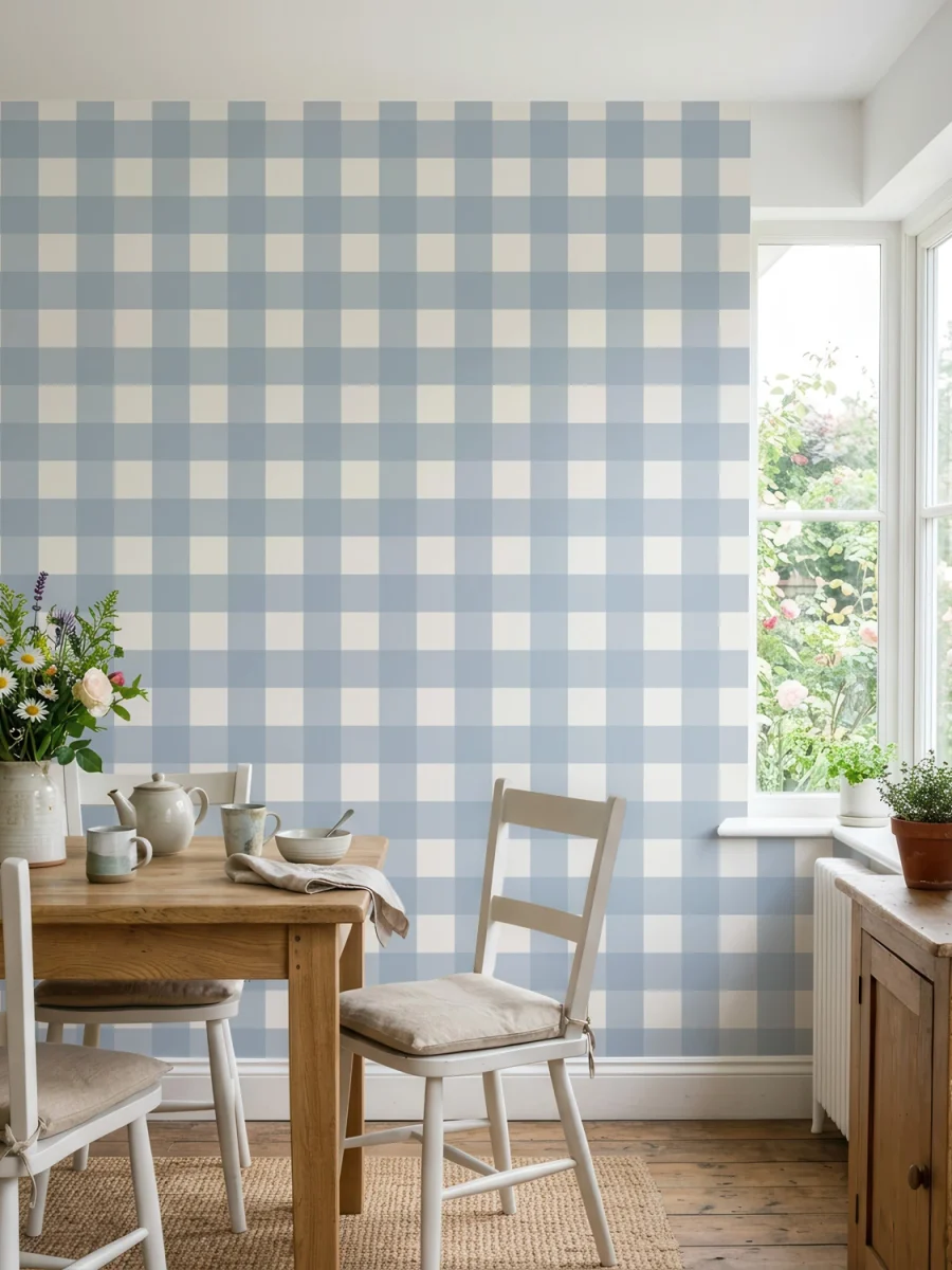 Cocina rústica con papel vichy o gingham de cuadros, azul empolvado y blanco | Villette
