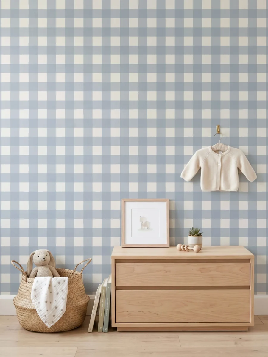Habitación infantil con modelo Anna, papel pintado de cuadros, azul empolvado y blanco roto, escala mediana