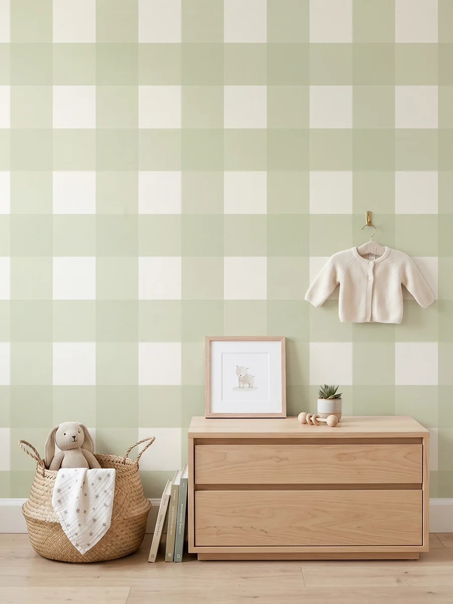 Anna, papel pintado vichy verde salvia y marfil, a escala grande en habitación infantil con cómoda, elementos decorativos y mobiliario de estilo natural.