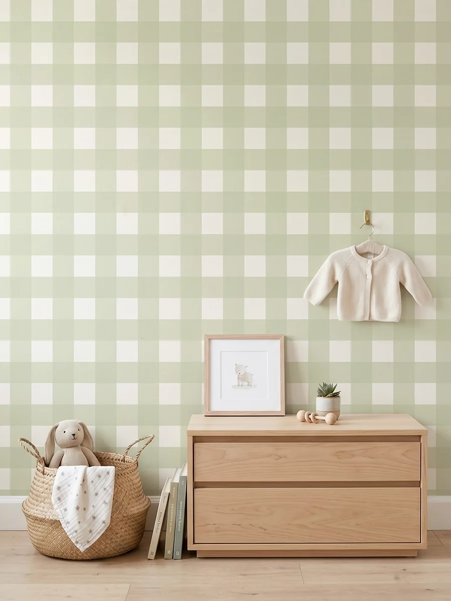 Anna, papel pintado vichy verde salvia y marfil, a escala mediana en habitación infantil con cómoda, elementos decorativos y mobiliario de estilo natural.