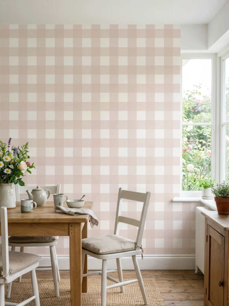 Cocina rústica con papel vichy o gingham de cuadros, rosa nude y blanco | Villette
