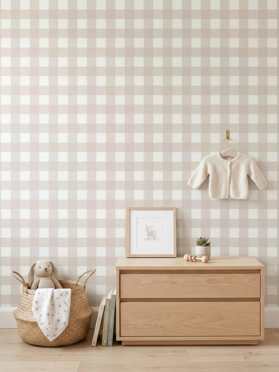 Habitación infantil con modelo Anna, papel pintado de cuadros, rosa empolvado y blanco, escala mediana