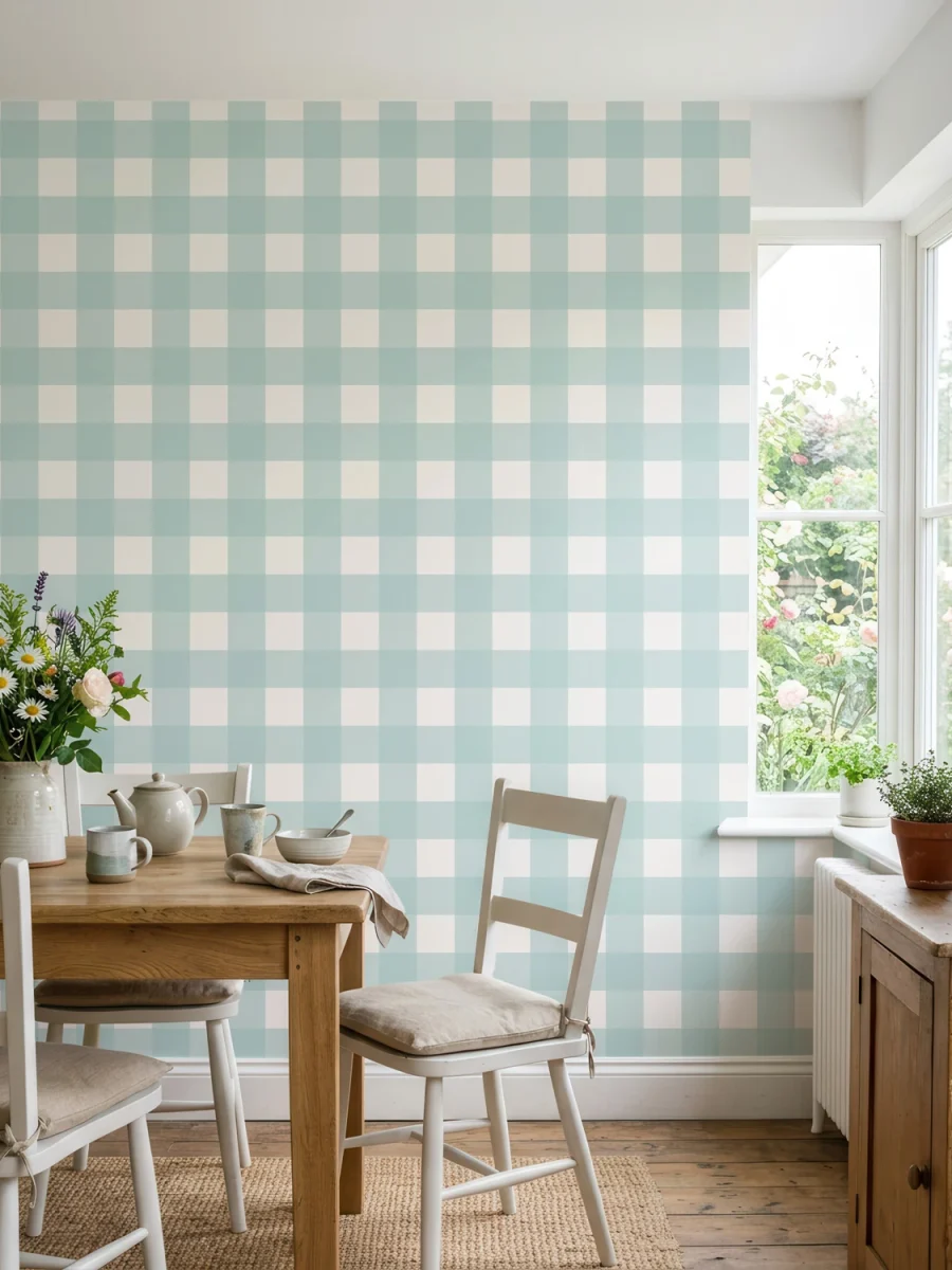 Cocina rústica con papel vichy o gingham de cuadros, aguamarina y blanco | Villette