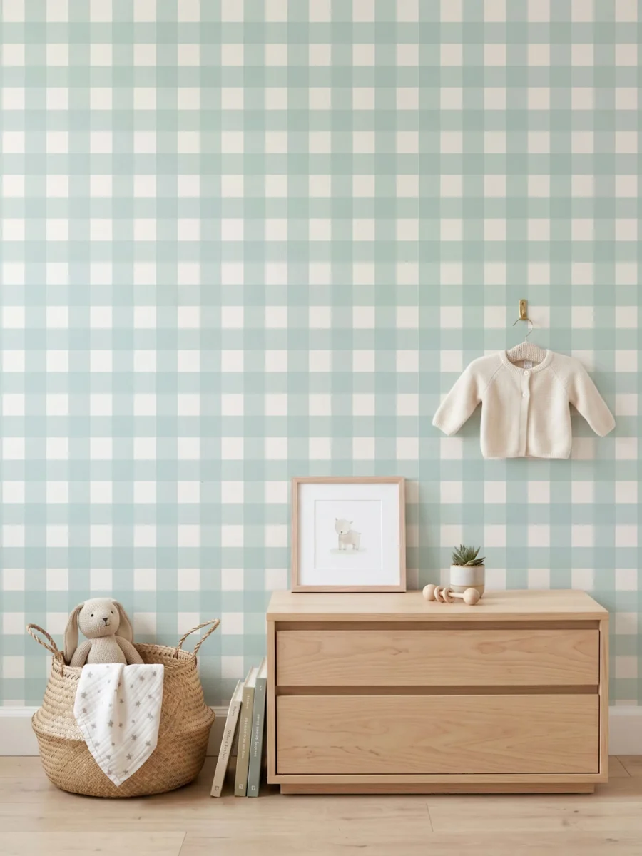 Dormitorio infantil con Modelo Anna, papel pintado de cuadros, aguamarina y blanco, escala mediana