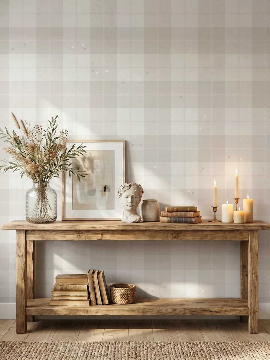 Modelo Oscar, papel pintado tartán beige, a escala mediana en entrada con banco rústico de madera con varios elementos decorativos como libros, un jarrón con flores silvestres y velas aromáticas.